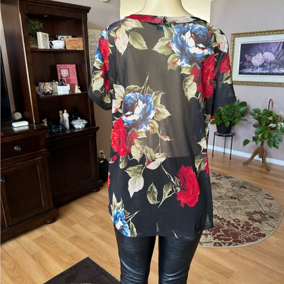 Sky Black Floral Print Sheer Short Sleeve Blouse-size L - Picture 8 of 9